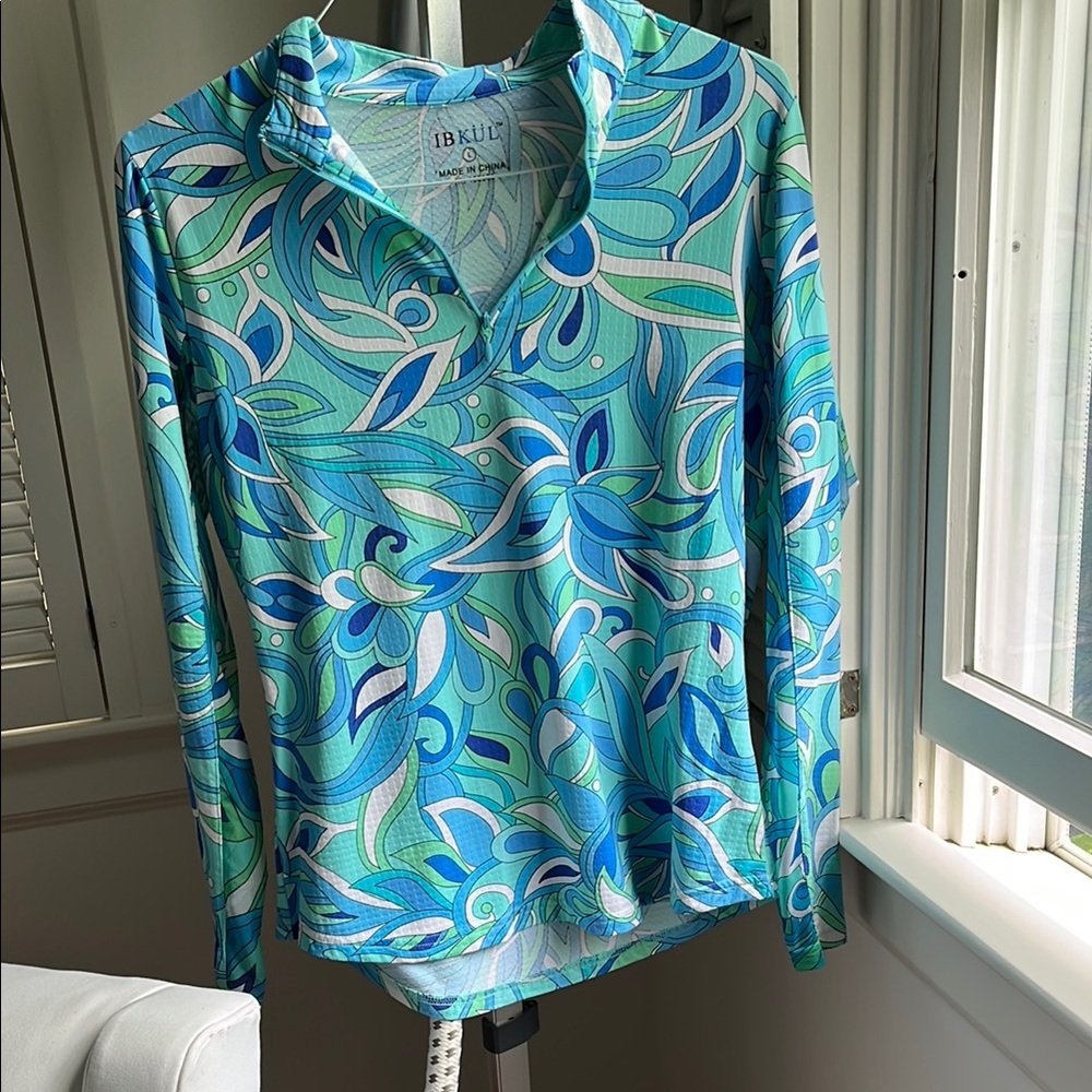 IBKUL Blue and Green Patterned Long Sleeve Shirt